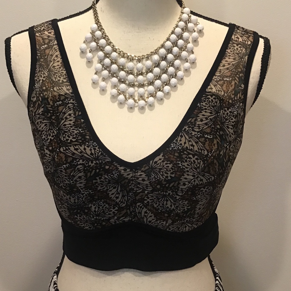 Black Sheer Butterfly Lace Crop Top - Womens